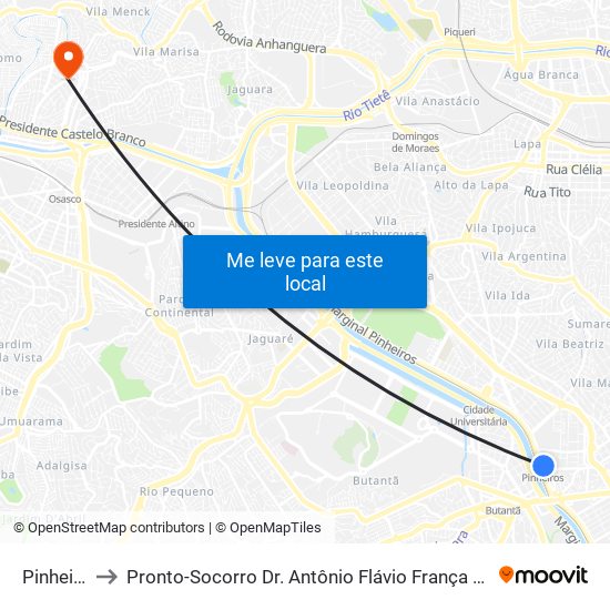 Pinheiros to Pronto-Socorro Dr. Antônio Flávio França (Rochdale) map