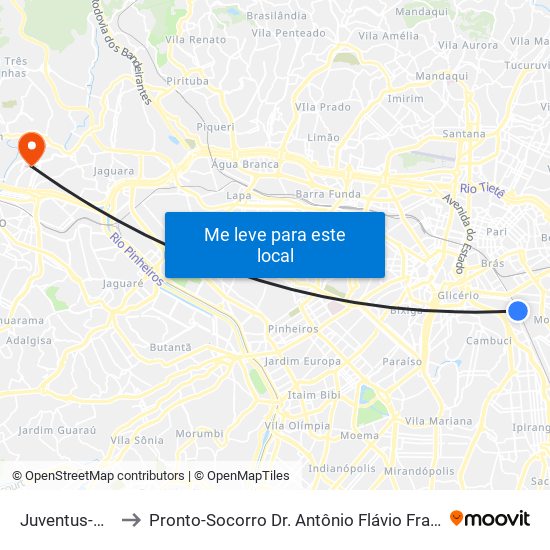 Juventus-Mooca to Pronto-Socorro Dr. Antônio Flávio França (Rochdale) map