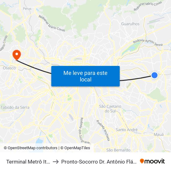 Terminal Metrô Itaquera Norte to Pronto-Socorro Dr. Antônio Flávio França (Rochdale) map