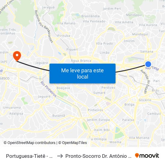 Portuguesa-Tietê - Santana, São Paulo to Pronto-Socorro Dr. Antônio Flávio França (Rochdale) map