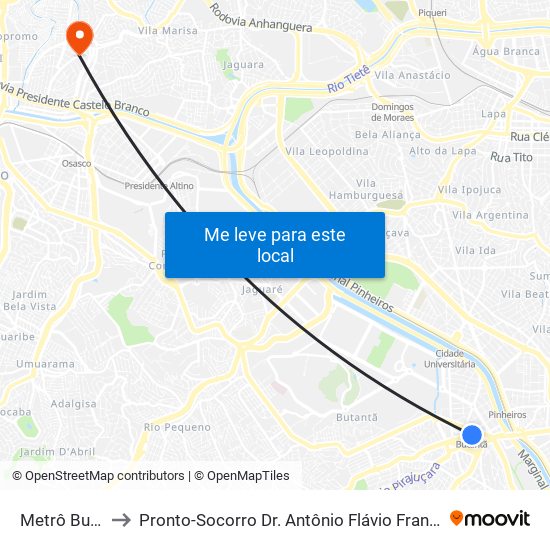 Metrô Butantã to Pronto-Socorro Dr. Antônio Flávio França (Rochdale) map