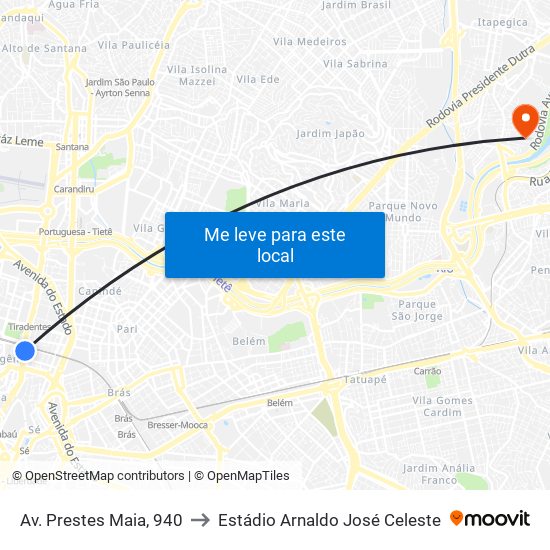 Av. Prestes Maia, 940 to Estádio Arnaldo José Celeste map