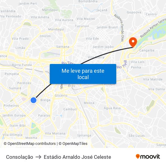 Consolação to Estádio Arnaldo José Celeste map