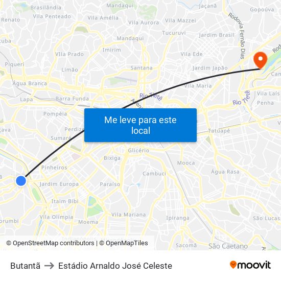 Butantã to Estádio Arnaldo José Celeste map