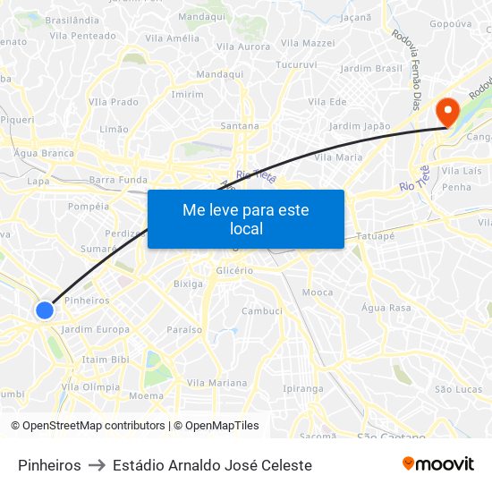 Pinheiros to Estádio Arnaldo José Celeste map