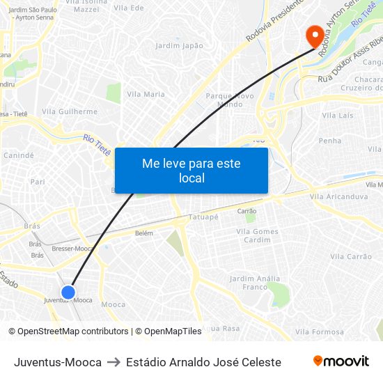 Juventus-Mooca to Estádio Arnaldo José Celeste map