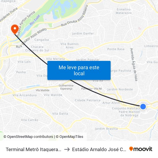Terminal Metrô Itaquera Norte to Estádio Arnaldo José Celeste map