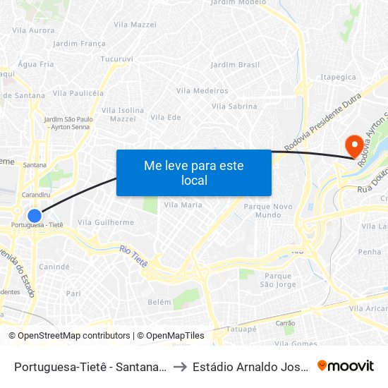 Portuguesa-Tietê - Santana, São Paulo to Estádio Arnaldo José Celeste map