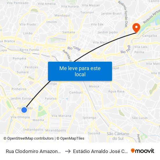 Rua Clodomiro Amazonas 221 to Estádio Arnaldo José Celeste map