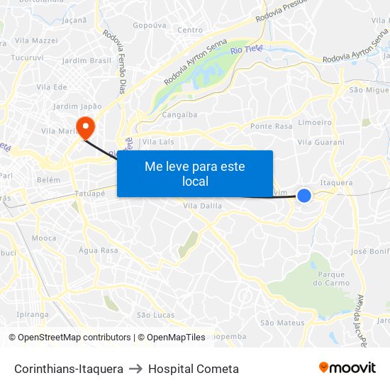 Corinthians-Itaquera to Hospital Cometa map