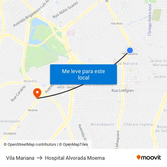 Vila Mariana to Hospital Alvorada Moema map