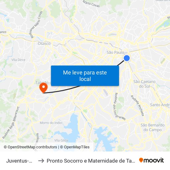 Juventus-Mooca to Pronto Socorro e Maternidade de Taboão da Serra map