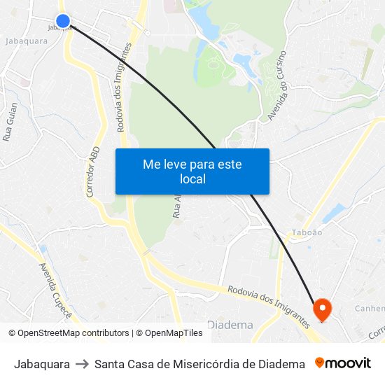 Jabaquara to Santa Casa de Misericórdia de Diadema map
