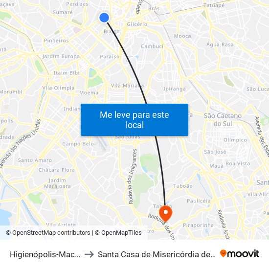 Higienópolis-Mackenzie to Santa Casa de Misericórdia de Diadema map