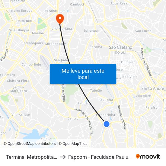 Terminal Metropolitano Piraporinha to Fapcom - Faculdade Paulus de Comunicação map