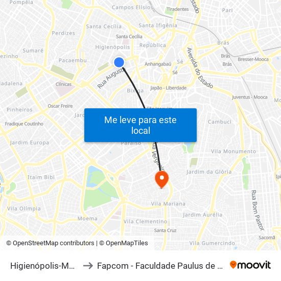 Higienópolis-Mackenzie to Fapcom - Faculdade Paulus de Comunicação map