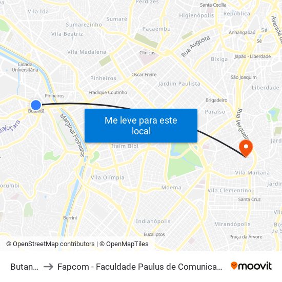 Butantã to Fapcom - Faculdade Paulus de Comunicação map