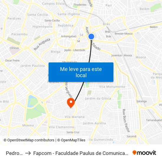 Pedro II to Fapcom - Faculdade Paulus de Comunicação map