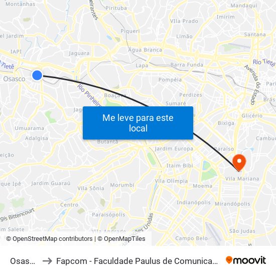 Osasco to Fapcom - Faculdade Paulus de Comunicação map