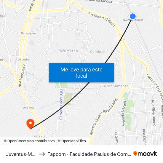 Juventus-Mooca to Fapcom - Faculdade Paulus de Comunicação map