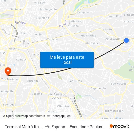 Terminal Metrô Itaquera Norte to Fapcom - Faculdade Paulus de Comunicação map