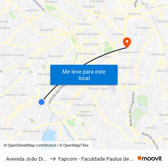 Avenida João Dias 2841 to Fapcom - Faculdade Paulus de Comunicação map