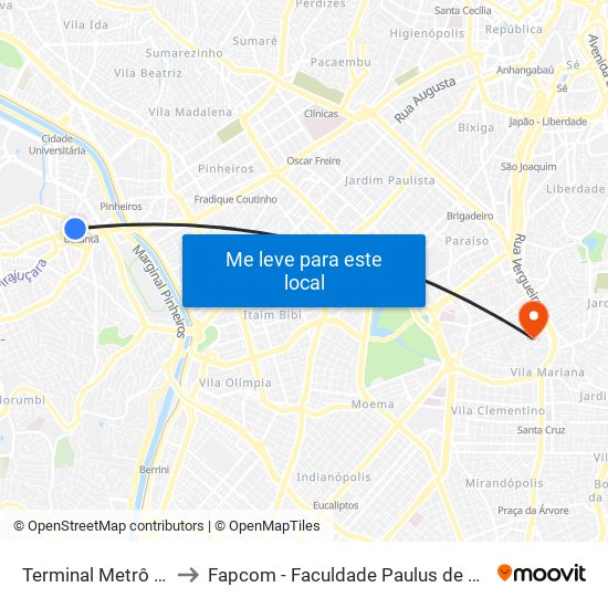 Terminal Metrô Butantã to Fapcom - Faculdade Paulus de Comunicação map