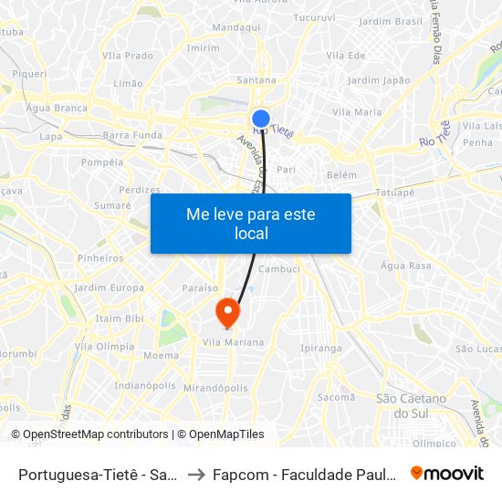Portuguesa-Tietê - Santana, São Paulo to Fapcom - Faculdade Paulus de Comunicação map