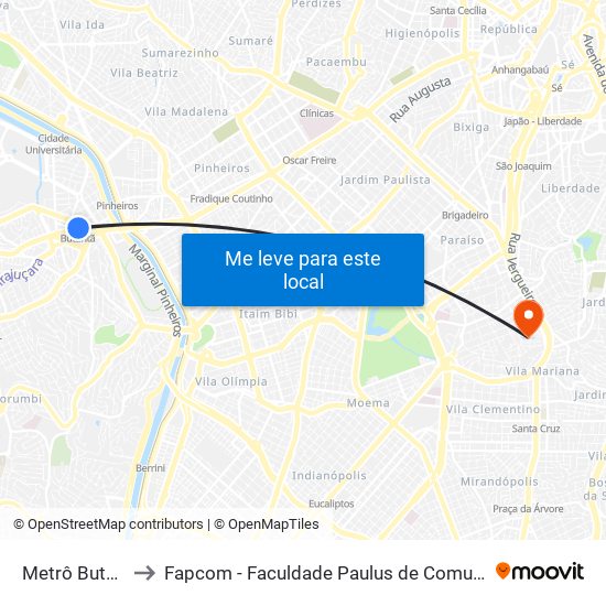 Metrô Butantã to Fapcom - Faculdade Paulus de Comunicação map