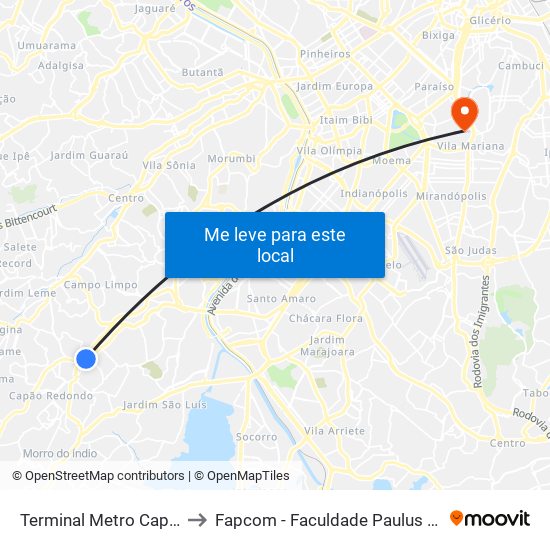 Terminal Metro Capão Redondo to Fapcom - Faculdade Paulus de Comunicação map