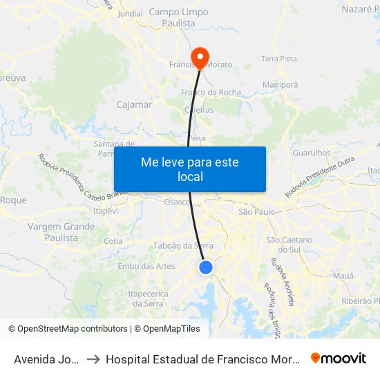 Avenida João Dias 2841 to Hospital Estadual de Francisco Morato Professor Carlos da Silva Lacaz map