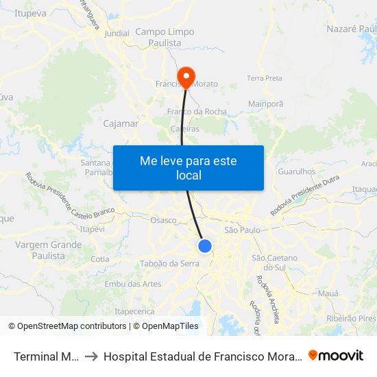 Terminal Metrô Butantã to Hospital Estadual de Francisco Morato Professor Carlos da Silva Lacaz map