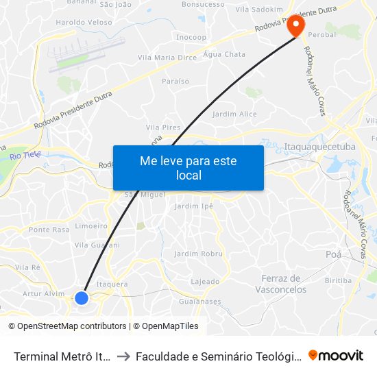 Terminal Metrô Itaquera Norte to Faculdade e Seminário Teológico da Fé Rreformada map