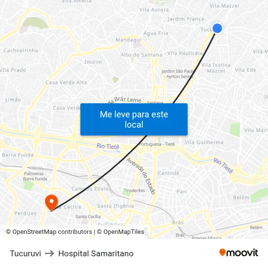Tucuruvi to Hospital Samaritano map