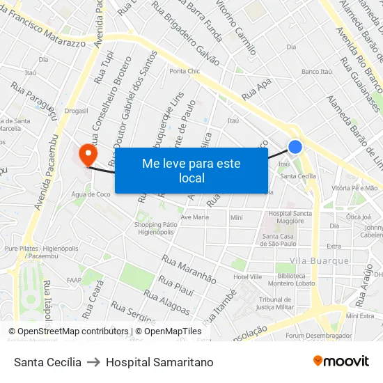 Santa Cecília to Hospital Samaritano map