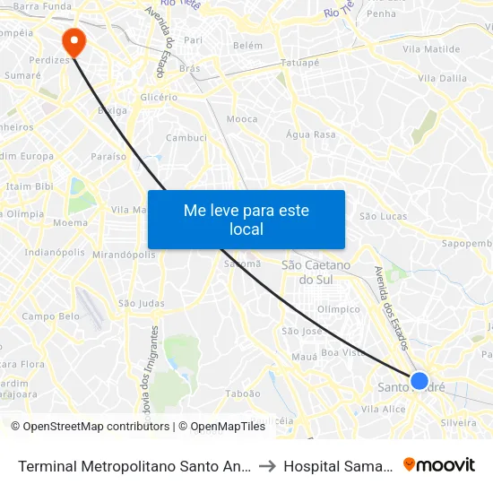 Terminal Metropolitano Santo André Oeste to Hospital Samaritano map