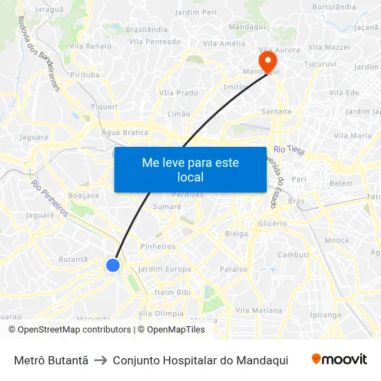 Metrô Butantã to Conjunto Hospitalar do Mandaqui map