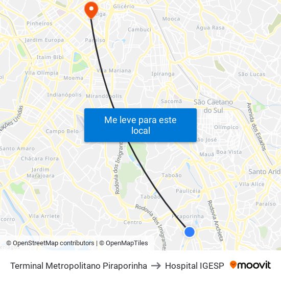 Terminal Metropolitano Piraporinha to Hospital IGESP map