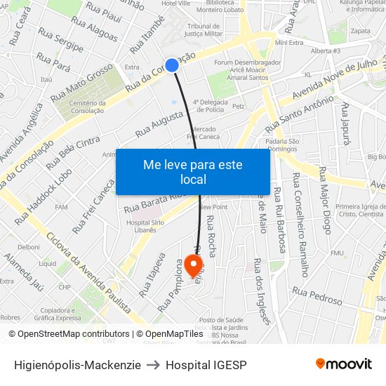 Higienópolis-Mackenzie to Hospital IGESP map