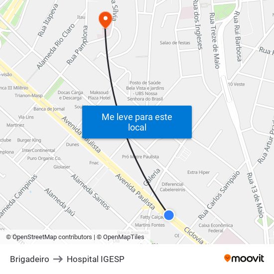 Brigadeiro to Hospital IGESP map