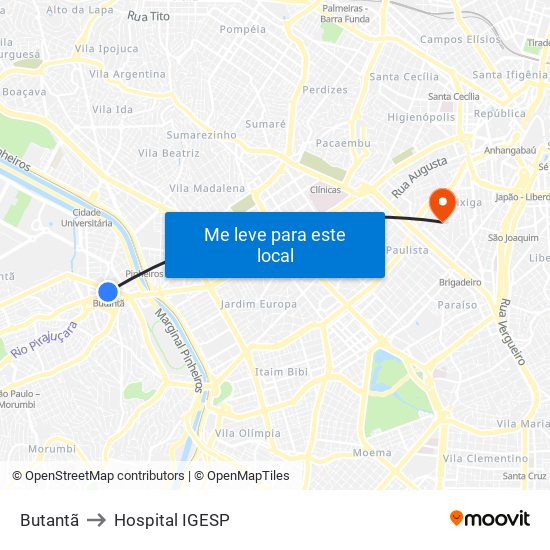 Butantã to Hospital IGESP map