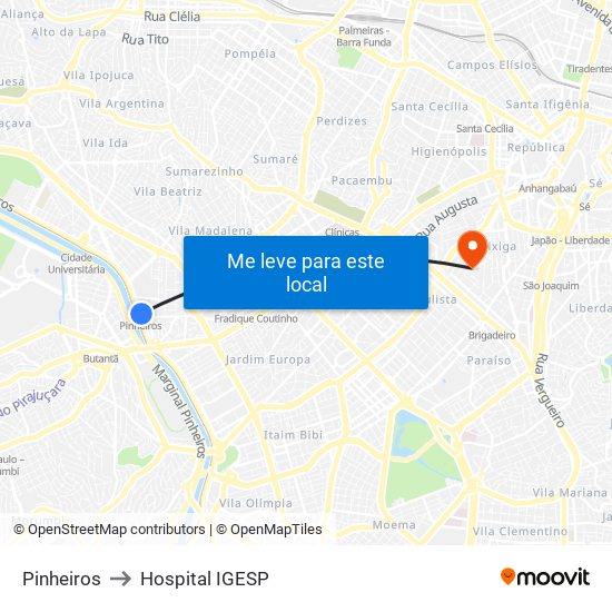 Pinheiros to Hospital IGESP map