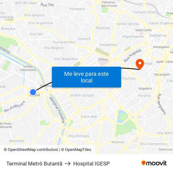 Terminal Metrô Butantã to Hospital IGESP map