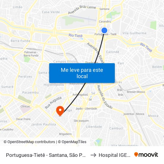 Portuguesa-Tietê - Santana, São Paulo to Hospital IGESP map