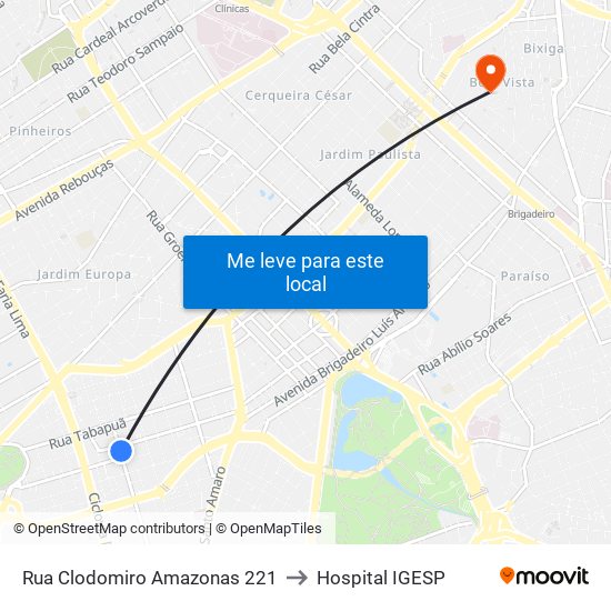 Rua Clodomiro Amazonas 221 to Hospital IGESP map
