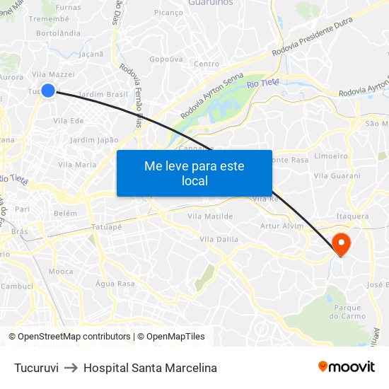 Tucuruvi to Hospital Santa Marcelina map