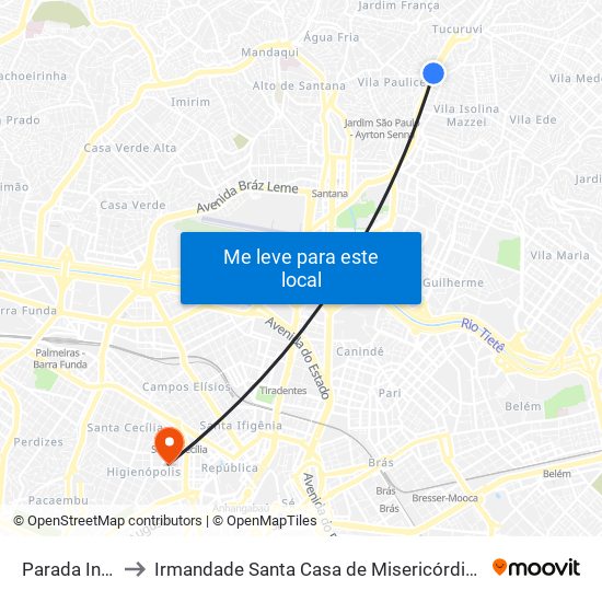 Parada Inglesa to Irmandade Santa Casa de Misericórdia de São Paulo map