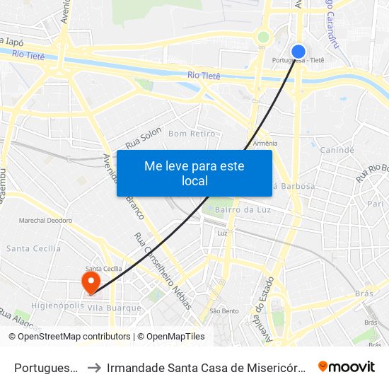 Portuguesa-Tietê to Irmandade Santa Casa de Misericórdia de São Paulo map