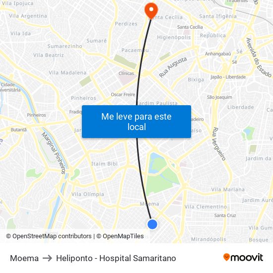 Moema to Heliponto - Hospital Samaritano map