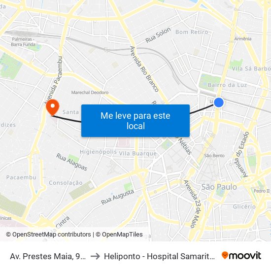 Av. Prestes Maia, 940 to Heliponto - Hospital Samaritano map